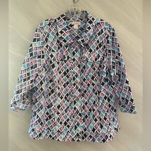 CJ Banks 2X Purple, White, Blue 3/4 Sleeve Geo Print Jacket Artsy Preppy Strechy
